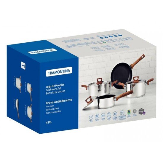 JOGO DE PANELAS TRAMONTINA BRAVA ANTIADERENTE EM AÇO INOX COM FUNDO TRIPLO CABOS E ALÇAS COM ACABAMENTO EFEITO AMADEIRADO 4 PEÇAS