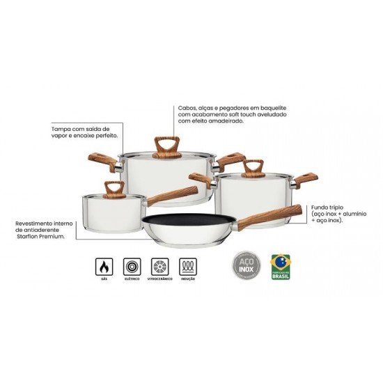 JOGO DE PANELAS TRAMONTINA BRAVA ANTIADERENTE EM AÇO INOX COM FUNDO TRIPLO CABOS E ALÇAS COM ACABAMENTO EFEITO AMADEIRADO 4 PEÇAS