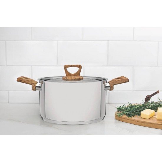 JOGO DE PANELAS TRAMONTINA BRAVA ANTIADERENTE EM AÇO INOX COM FUNDO TRIPLO CABOS E ALÇAS COM ACABAMENTO EFEITO AMADEIRADO 4 PEÇAS