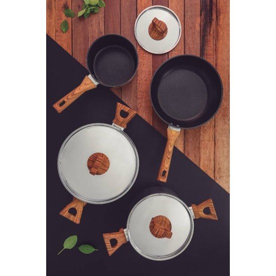 JOGO DE PANELAS TRAMONTINA BRAVA ANTIADERENTE EM AÇO INOX COM FUNDO TRIPLO CABOS E ALÇAS COM ACABAMENTO EFEITO AMADEIRADO 4 PEÇAS