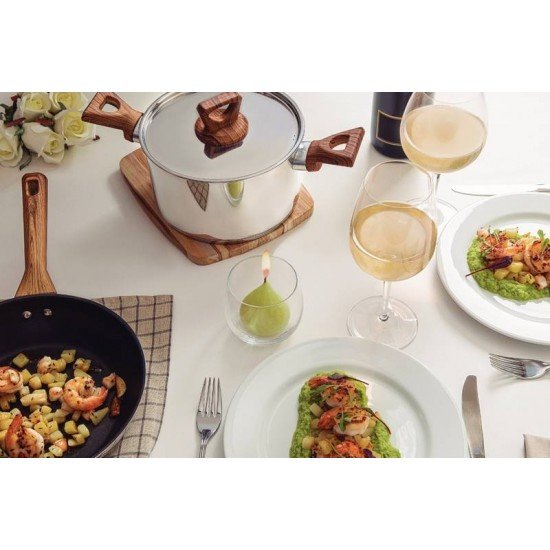 JOGO DE PANELAS TRAMONTINA BRAVA ANTIADERENTE EM AÇO INOX COM FUNDO TRIPLO CABOS E ALÇAS COM ACABAMENTO EFEITO AMADEIRADO 4 PEÇAS