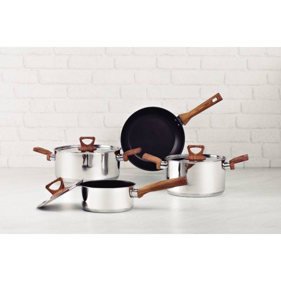 JOGO DE PANELAS TRAMONTINA BRAVA ANTIADERENTE EM AÇO INOX COM FUNDO TRIPLO CABOS E ALÇAS COM ACABAMENTO EFEITO AMADEIRADO 4 PEÇAS