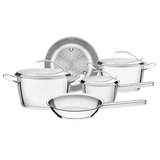 JOGO DE PANELAS VENTURA EM ACO INOX COM FUNDO TRIPLO E TAMPAS DE INOX 5 PECAS TRAMONTINA