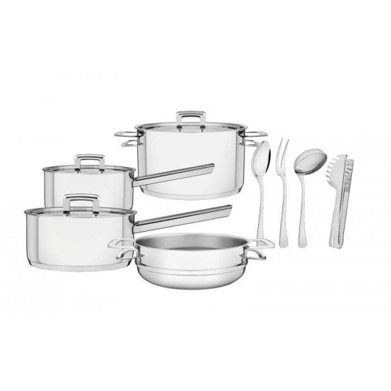 JOGO DE PANELAS BRAVA EM ACO INOX COM FUNDO TRIPLO 4 PECAS COM KIT DE UTENSILIOS 4 PECAS TRAMONTINA