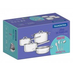 JOGO DE PANELAS BRAVA EM ACO INOX COM FUNDO TRIPLO 4 PECAS COM KIT DE UTENSILIOS 4 PECAS TRAMONTINA