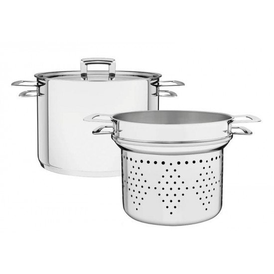 JOGO COZI-PASTA BRAVA EM ACO INOX FUNDO TRIPLO COM TAMPA PLANA E ALCAS 2 PECAS 24 CM TRAMONTINA