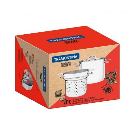 JOGO COZI-PASTA BRAVA EM ACO INOX FUNDO TRIPLO COM TAMPA PLANA E ALCAS 2 PECAS 24 CM TRAMONTINA