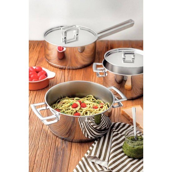 DISPLAY 16 PEÇAS DE PANELAS AÇO INOX BRAVA COM FUNDO TRIPLO TRAMONTINA