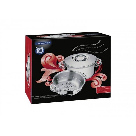 CUSCUZEIRA SOLAR EM ACO INOX FUNDO TRIPLO COM ALCAS 2 PECAS 16 CM TRAMONTINA
