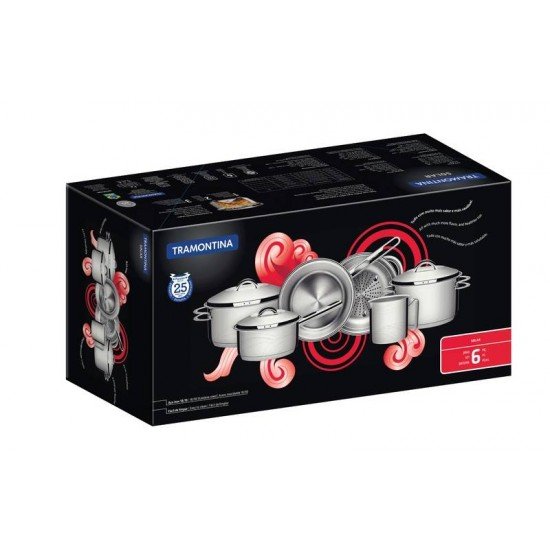JOGO DE PANELAS SOLAR EM ACO INOX COM FUNDO TRIPLO E TAMPAS DE INOX 6 PECAS TRAMONTINA