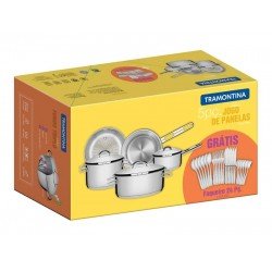 JOGO DE PANELAS SOLAR EM ACO INOX COM FUNDO TRIPLO 5 PECAS COM FAQUEIRO 24 PECAS LAGUNA TRAMONTINA