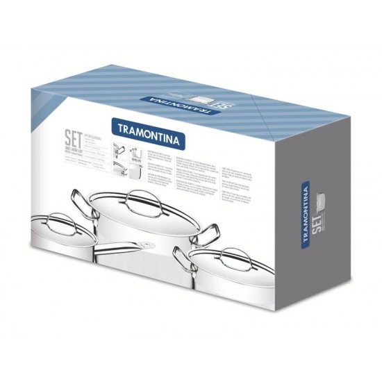 JOGO DE PANELAS TRAMONTINA PROFESSIONAL EM AÇO INOX FUNDO TRIPLO COM TAMPA PLANA DETALHE SATINADO 5 PEÇAS