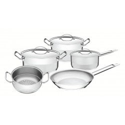 JOGO DE PANELAS TRAMONTINA PROFESSIONAL EM AÇO INOX FUNDO TRIPLO COM TAMPA PLANA DETALHE SATINADO 5 PEÇAS