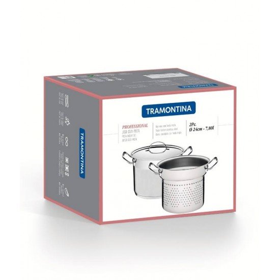 JOGO COZI-PASTA TRAMONTINA PROFESSIONAL EM AÇO INOX FUNDO TRIPLO COM TAMPA PLANA DETALHE SATINADO 2 PEÇAS 24 CM