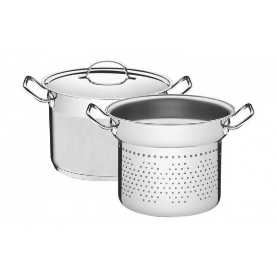 JOGO COZI-PASTA TRAMONTINA PROFESSIONAL EM AÇO INOX FUNDO TRIPLO COM TAMPA PLANA DETALHE SATINADO 2 PEÇAS 24 CM