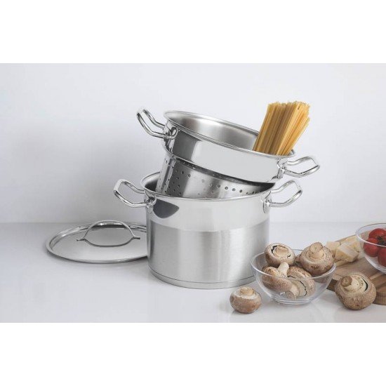 JOGO COZI-PASTA TRAMONTINA PROFESSIONAL EM AÇO INOX FUNDO TRIPLO COM TAMPA PLANA DETALHE SATINADO 2 PEÇAS 24 CM