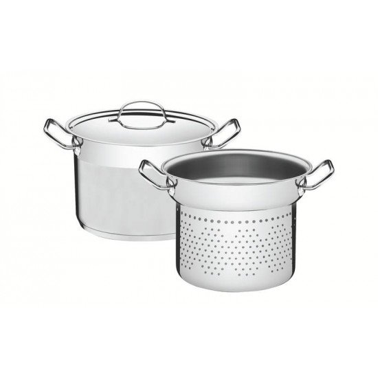JOGO COZI-PASTA TRAMONTINA PROFESSIONAL EM AÇO INOX FUNDO TRIPLO COM TAMPA PLANA DETALHE SATINADO 2 PEÇAS 20 CM