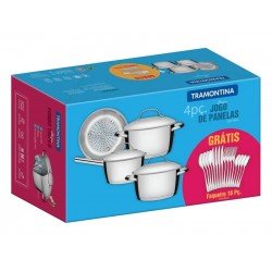 JOGO DE PANELAS ALLEGRA EM ACO INOX COM FUNDO TRIPLO 4 PECAS COM FAQUEIRO 16 PECAS HAVANA TRAMONTINA