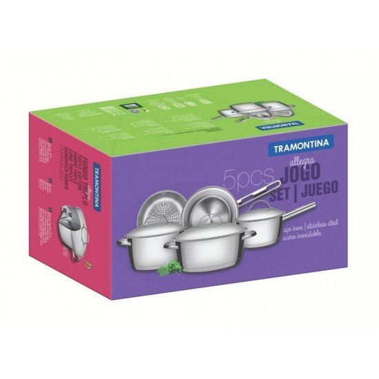 JOGO DE PANELAS TRAMONTINA ALLEGRA EM AÇO INOX COM FUNDO TRIPLO 5 PEÇAS