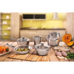 JOGO DE PANELAS ACO INOX COM FUNDO TRIPLO E TAMPA DE VIDRO 6 PC TRAMONTINA