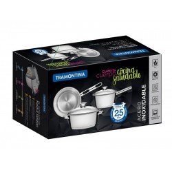 JOGO DE PANELAS ACO INOX COM FUNDO TRIPLO E TAMPA DE VIDRO 3 PC TRAMONTINA