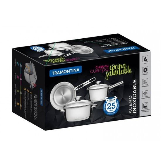 JOGO DE PANELAS ACO INOX COM FUNDO TRIPLO E TAMPA DE VIDRO 3 PC TRAMONTINA