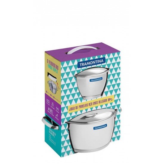 DISPLAY 2 PCS PANELA ALLEGRA EM ACO INOX COM FUNDO TRIPLO E TAMPAS DE INOX TRAMONTINA