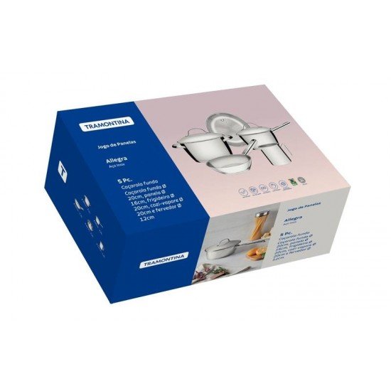 JOGO DE PANELAS TRAMONTINA ALLEGRA EM AÇO INOX COM FUNDO TRIPLO 5 PEÇAS