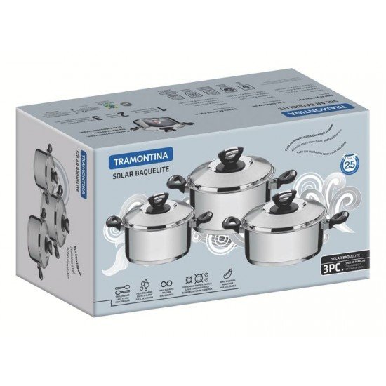 JOGO DE PANELAS TRAMONTINA SOLAR BAQUELITE EM AÇO INOX COM FUNDO TRIPLO E CABOS E ALÇAS DE BAQUELITE 3 PEÇAS