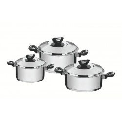 JOGO DE PANELAS TRAMONTINA SOLAR BAQUELITE EM AÇO INOX COM FUNDO TRIPLO E CABOS E ALÇAS DE BAQUELITE 3 PEÇAS