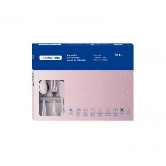 FAQUEIRO TRAMONTINA LAGUNA EM AÇO INOX COM FACAS PARA CHURRASCO ACABAMENTO EM BRILHO 38 PEÇAS