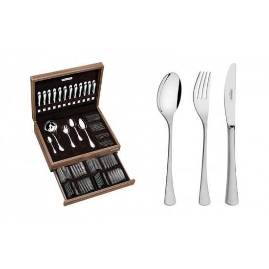 FAQUEIRO ORIENTE EM ACO INOX FACAS DE MESA ACABAMENTO FOSCO E ESTOJO DE MADEIRA 101 PECAS TRAMONTINA