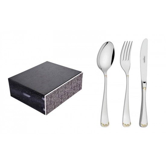 FAQUEIRO SEVILHA EM ACO INOX FACAS DE MESA DETALHES EM OURO E ESTOJO DE MADEIRA 101 PECAS TRAMONTINA