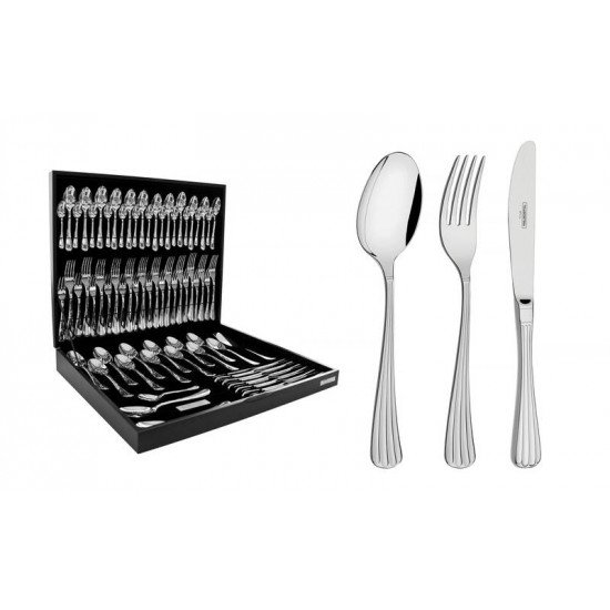 FAQUEIRO VIENA EM ACO INOX FACAS DE MESA DETALHE ALTO RELEVO E ESTOJO DE MADEIRA 76 PECAS TRAMONTINA