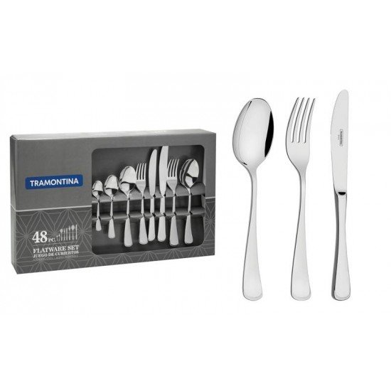 FAQUEIRO EM ACO INOX FACAS DE MESA ACABAMENTO ALTO BRILHO DETALHES NO CABO 48 PECAS TRAMONTINA