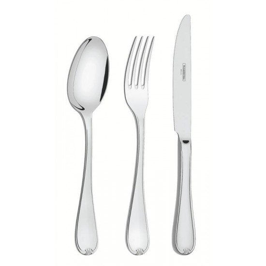 FAQUEIRO TRAMONTINA VICENZA EM AÇO INOX COM FACAS DE MESA FORJADAS ACABAMENTO ALTO BRILHO COM DETALHES NO CABO E ESTOJO DE MADEIRA 76 PEÇAS