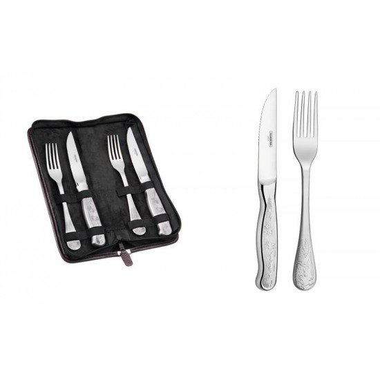 JOGO PARA CHURRASCO CLASSIC EM ACO INOX ESTOJO CABO DESENHOS EM ALTO RELEVO 4 PECAS TRAMONTINA