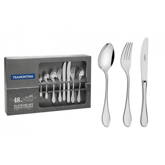 FAQUEIRO ITALY EM ACO INOX COM FACAS DE MESA ACABAMENTO ALTO BRILHO 48 PECAS TRAMONTINA