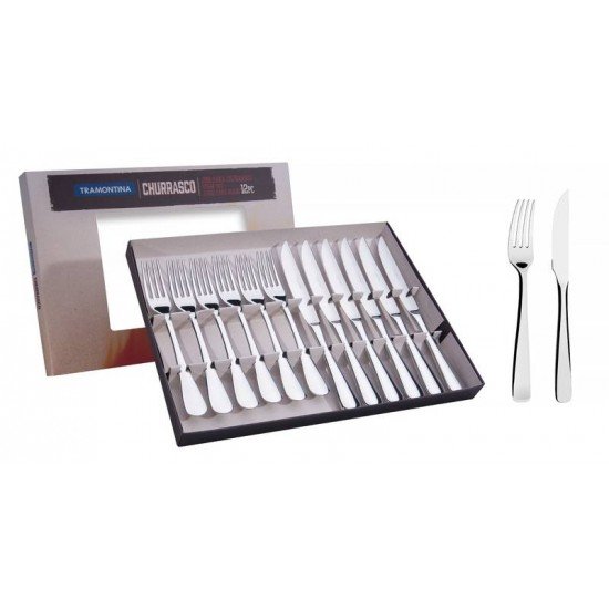 JOGO DE TALHERES PARA CHURRASCO EM ACO INOX ACABAMENTO ALTO BRILHO 12 PECAS TRAMONTINA