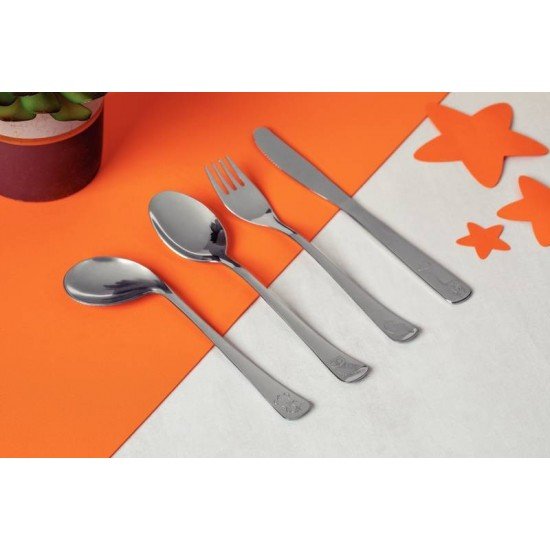 JOGO DE TALHERES INFANTIL TRAMONTINA BABY FRIENDS EM AÇO INOX ACABAMENTO BRILHO COM DESENHO EM ALTO RELEVO 4 PEÇAS