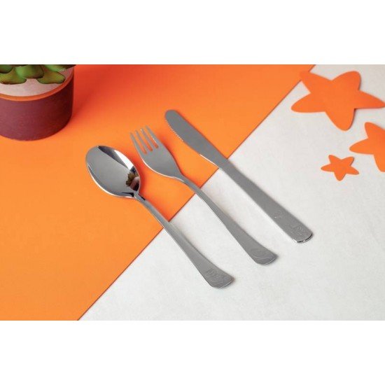 JOGO DE TALHERES INFANTIL TRAMONTINA BABY FRIENDS EM AÇO INOX ACABAMENTO BRILHO COM DESENHO EM ALTO RELEVO 3 PEÇAS