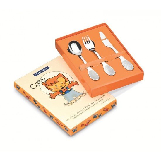 JOGO DE TALHERES INFANTIL TRAMONTINA CATTY EM AÇO INOX ACABAMENTO BRILHO COM DESENHO EM BAIXO RELEVO 3 PEÇAS