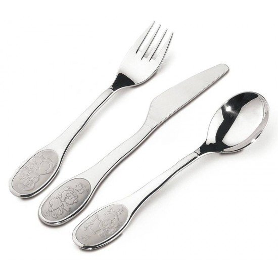 JOGO DE TALHERES INFANTIL TRAMONTINA CATTY EM AÇO INOX ACABAMENTO BRILHO COM DESENHO EM BAIXO RELEVO 3 PEÇAS