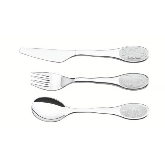 JOGO DE TALHERES INFANTIL TRAMONTINA CATTY EM AÇO INOX ACABAMENTO BRILHO COM DESENHO EM BAIXO RELEVO 3 PEÇAS