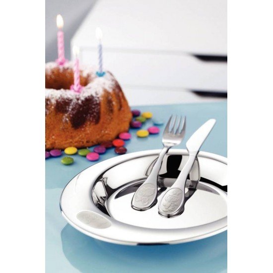 JOGO DE TALHERES INFANTIL TRAMONTINA CATTY EM AÇO INOX ACABAMENTO BRILHO COM DESENHO EM BAIXO RELEVO 3 PEÇAS