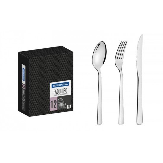 FAQUEIRO OSLO EM ACO INOX COM FACAS PARA CHURRASCO ACABAMENTO BRILHO 72 PECAS TRAMONTINA