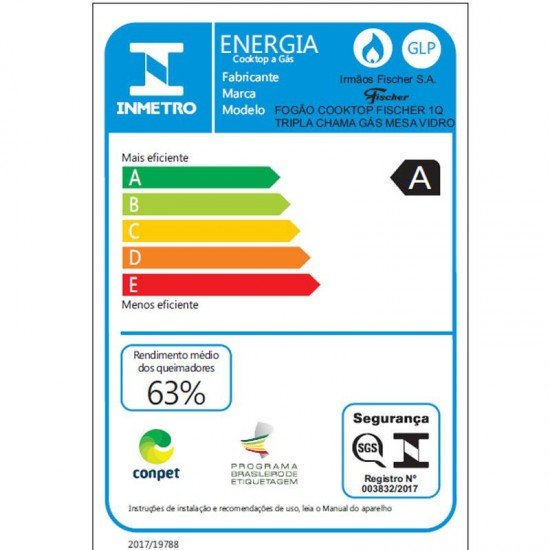 FOGAO COOKTOP FISCHER 1 BOCA TRIPLA CHAMA A GAS MESA VIDRO PRETO
