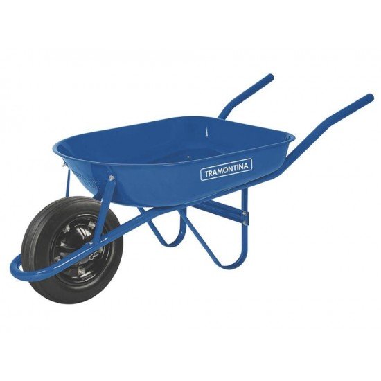 CARRINHO DE MAO BRACO METALICO CACAMBA METALICA REDONDA AZUL E PNEU MACICO DE BORRACHA TRAMONTINA
