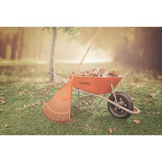 CARRINHO DE MAO BRACO DE MADEIRA CACAMBA PLASTICA EXTRAFUNDA LARANJA PNEU EM BORRACHA TRAMONTINA