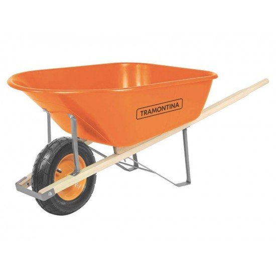 CARRINHO DE MAO BRACO DE MADEIRA CACAMBA PLASTICA EXTRAFUNDA LARANJA PNEU EM BORRACHA TRAMONTINA